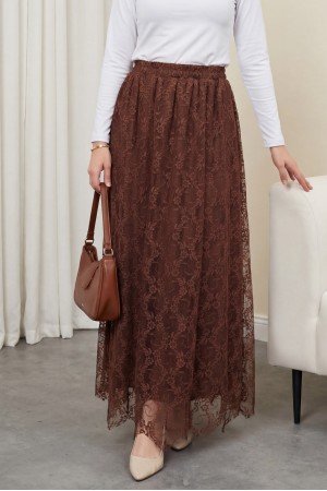 Asimetrik Kesim Astarlı Beli Lastikli Tül Etek -Kahve
