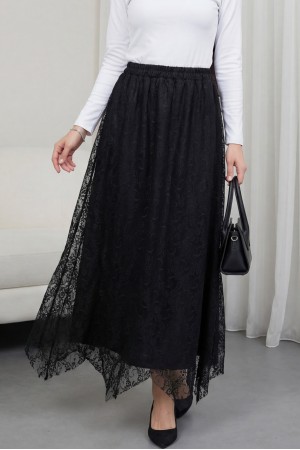 Asimetrik Kesim Astarlı Beli Lastikli Tül Etek -Siyah