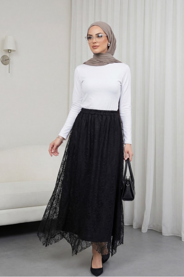 Asymmetrical Cut, Lined, Elastic Waist Tulle Skirt -Black