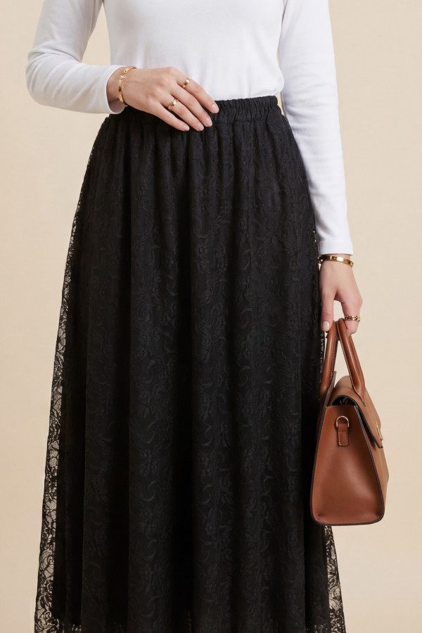 Asymmetrical Cut, Lined, Elastic Waist Tulle Skirt -Black