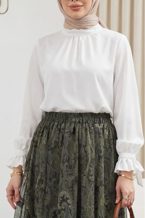 High-neck, ruffled sleeves, drawstring, back zippered imported crepe blouse. -White