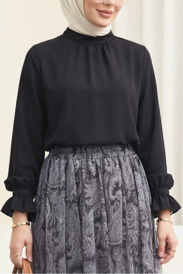 High-neck, ruffled sleeves, drawstring, back zippered imported crepe blouse. -Black