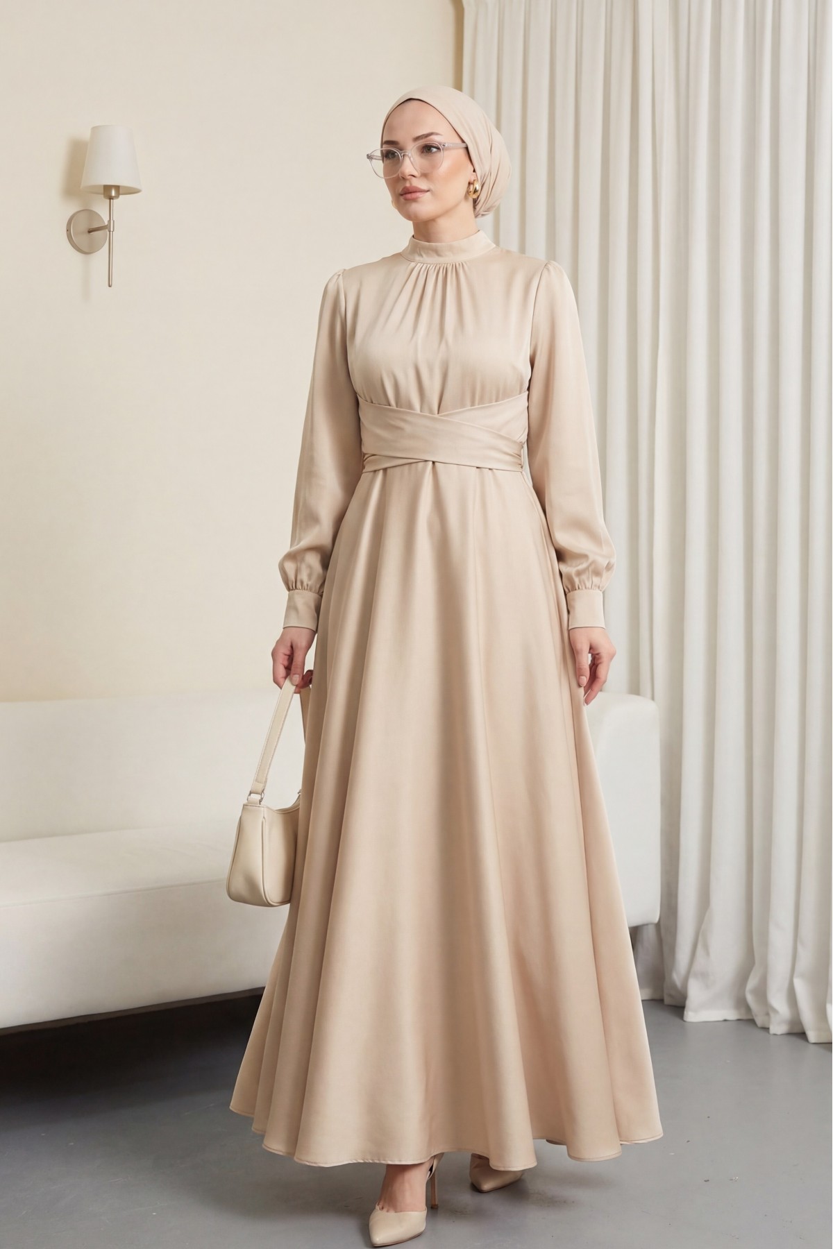 Round Neck Satin Dress with Cross-Waist Tie - Beige