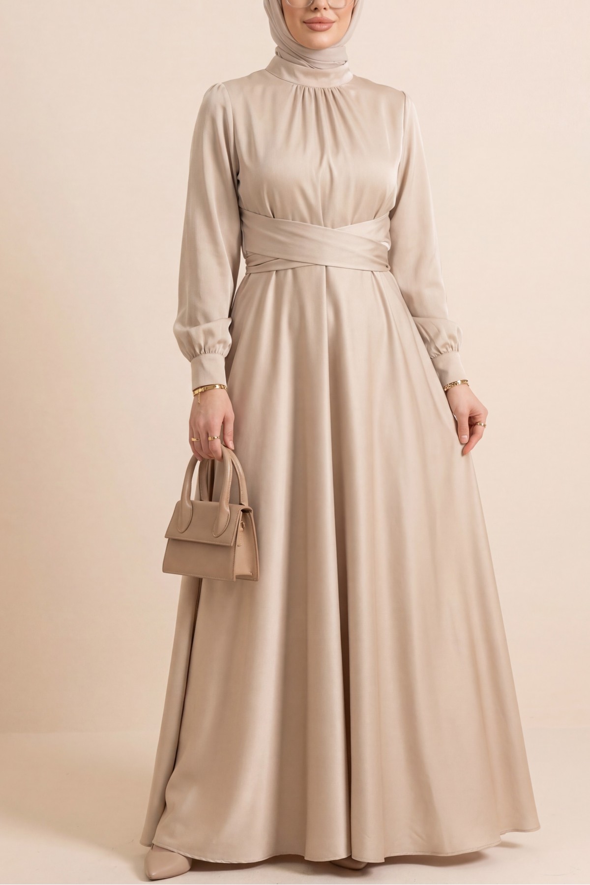 Round Neck Satin Dress with Cross-Waist Tie - Beige
