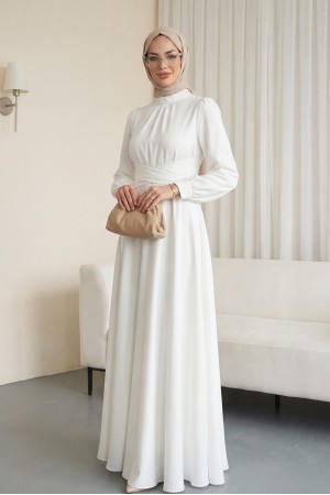 Beli Çapraz Bağlamalı Yuvarlak Yaka Saten Elbise -Beyaz