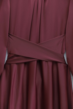 Beli Çapraz Bağlamalı Yuvarlak Yaka Saten Elbise -Bordo