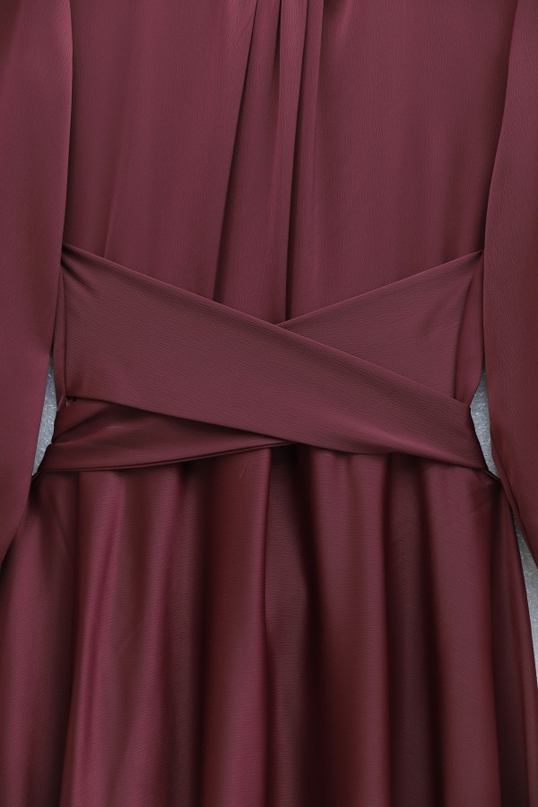 Round Neck Satin Dress with Cross-Waist Tie -Maroon