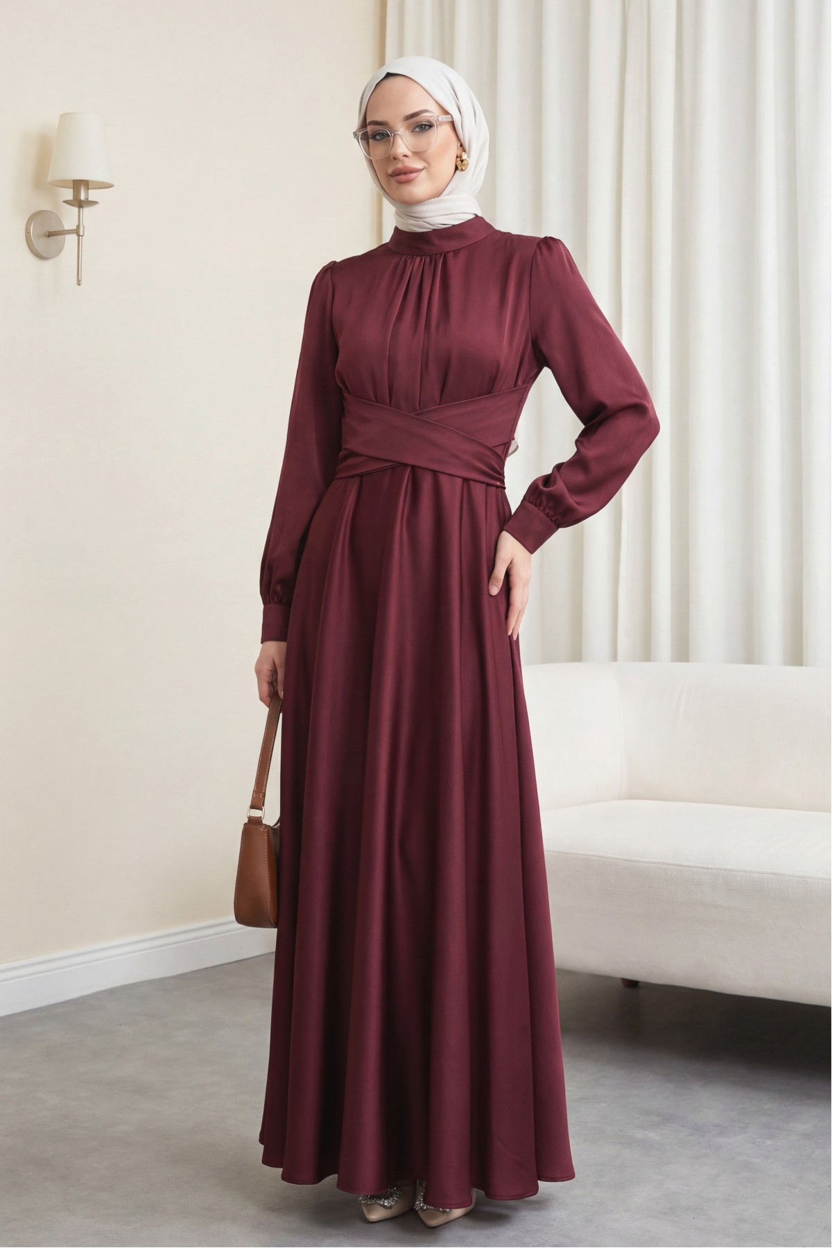 Round Neck Satin Dress with Cross-Waist Tie -Maroon