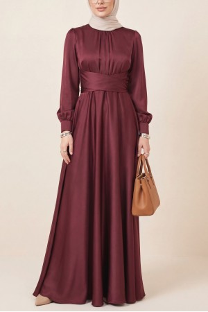 Beli Çapraz Bağlamalı Yuvarlak Yaka Saten Elbise -Bordo