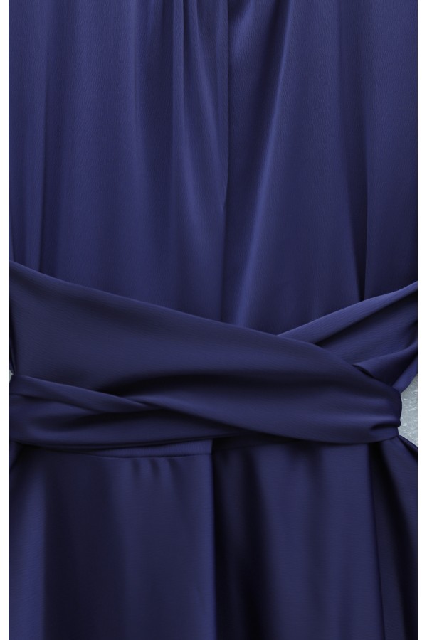 Round Neck Satin Dress with Cross-Waist Tie -Navy blue