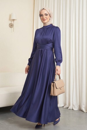 فستان من الساتان بياقة دائرية ورباط على الخصر -كحلي