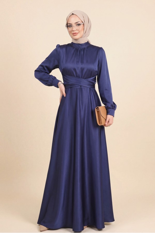 Round Neck Satin Dress with Cross-Waist Tie -Navy blue