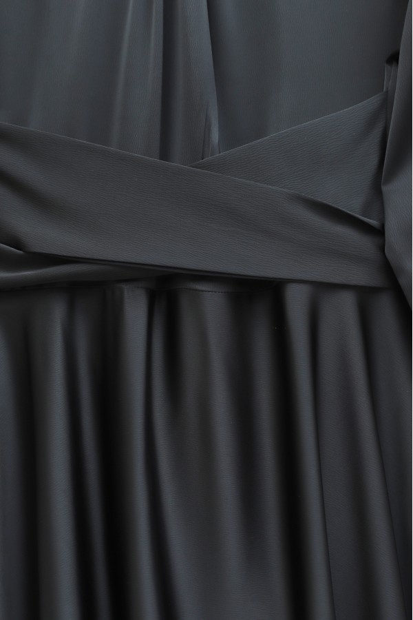 Round Neck Satin Dress with Cross-Waist Tie -Black