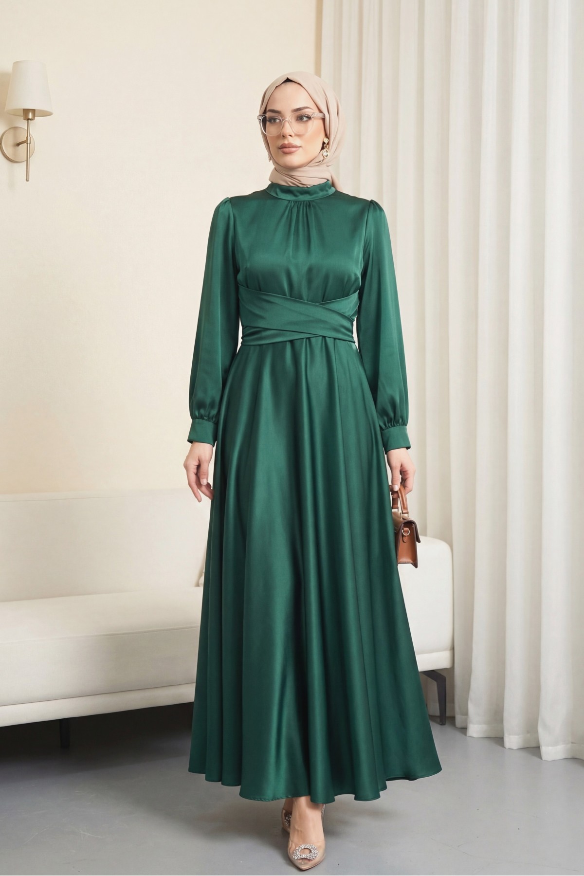 Round Neck Satin Dress with Cross-Waist Tie -Emerald