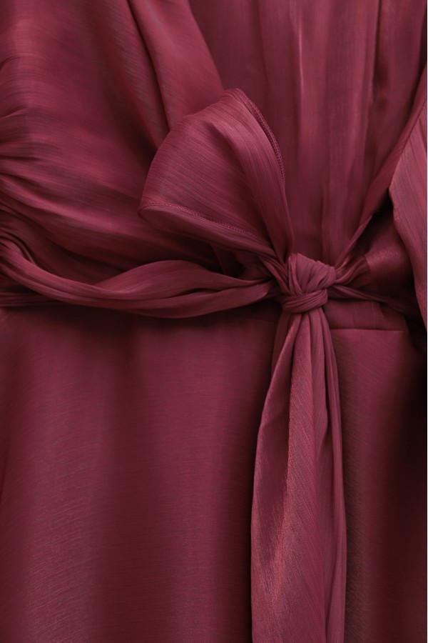 Janjan Fabric Dress with Cross Front Tie Detail  -Maroon