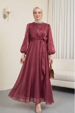 Önden Çapraz Bağlama Detaylı Janjan Kumaş Elbise  -Bordo