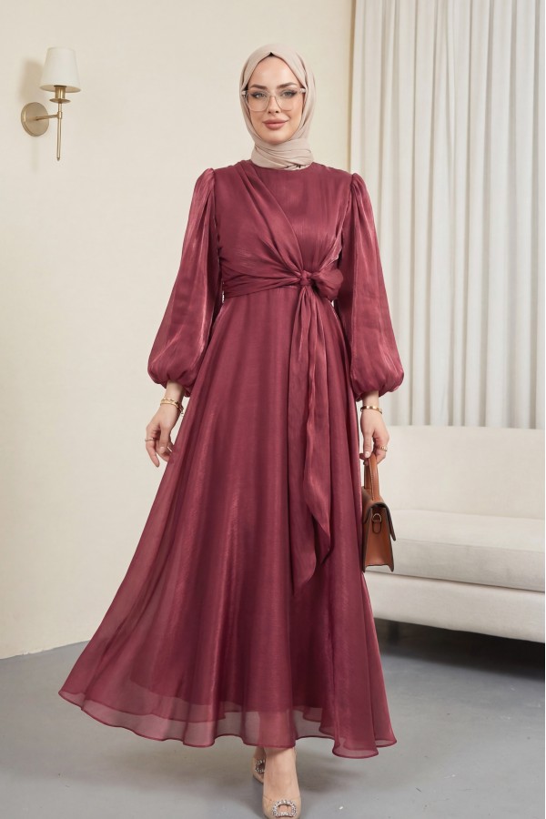 Janjan Fabric Dress with Cross Front Tie Detail  -Maroon