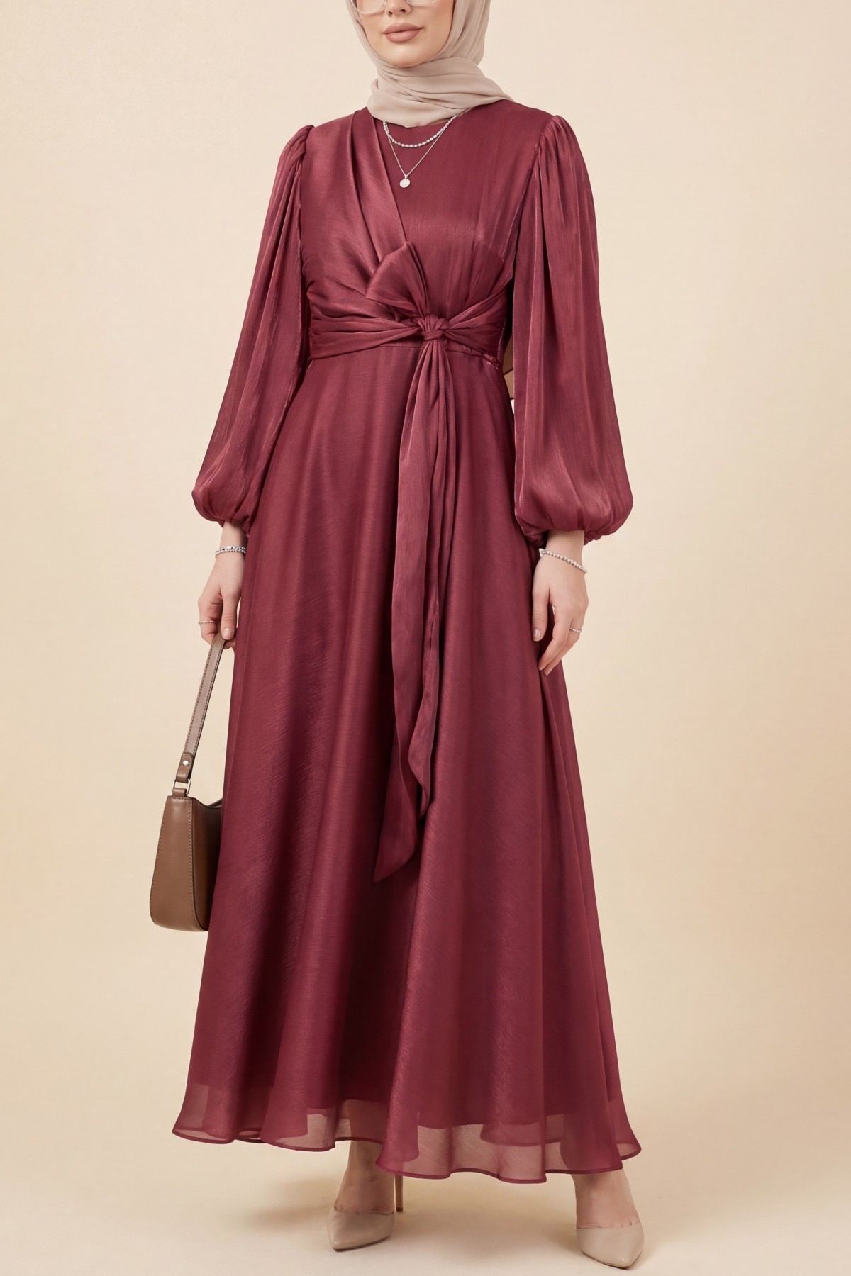 Janjan Fabric Dress with Cross Front Tie Detail  -Maroon