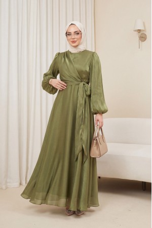 فستان من قماش جانجان مع ربطة أمامية متقاطعة  -خاكي