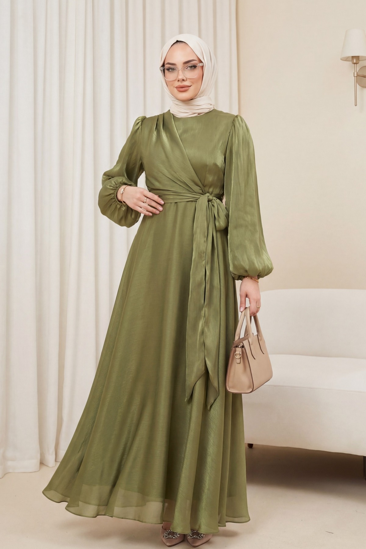 Janjan Fabric Dress with Cross Front Tie Detail  -Khaki