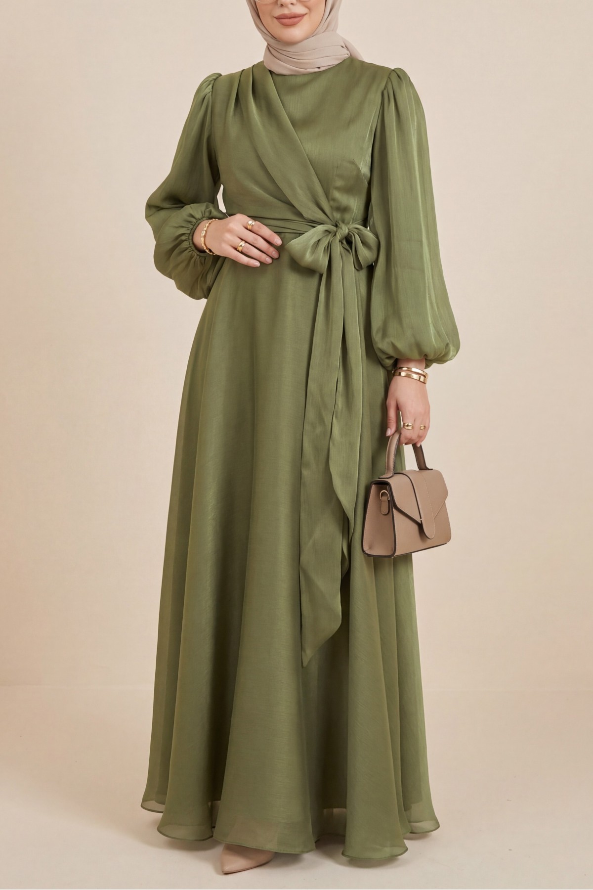 Janjan Fabric Dress with Cross Front Tie Detail  -Khaki