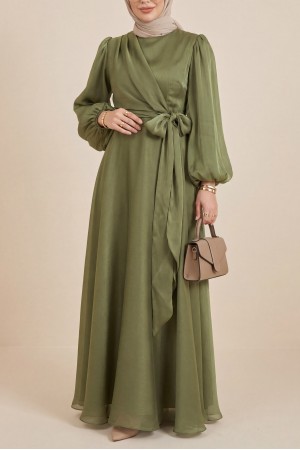 فستان من قماش جانجان مع ربطة أمامية متقاطعة  -خاكي
