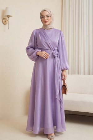 Önden Çapraz Bağlama Detaylı Janjan Kumaş Elbise  -Lila