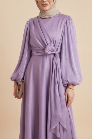 فستان من قماش جانجان مع ربطة أمامية متقاطعة  -أرجواني