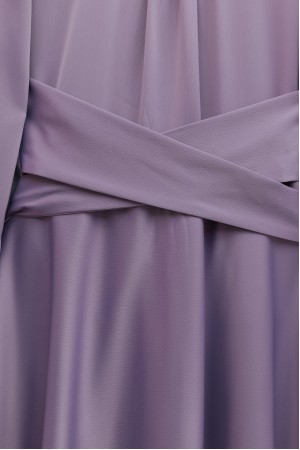 Beli Çapraz Bağlamalı Yuvarlak Yaka Saten Elbise  -G.Kurusu