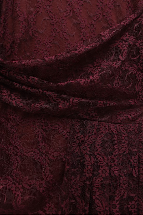 Lace Dress with Ruffled Cuffs, Draped Front, and Lining -Maroon