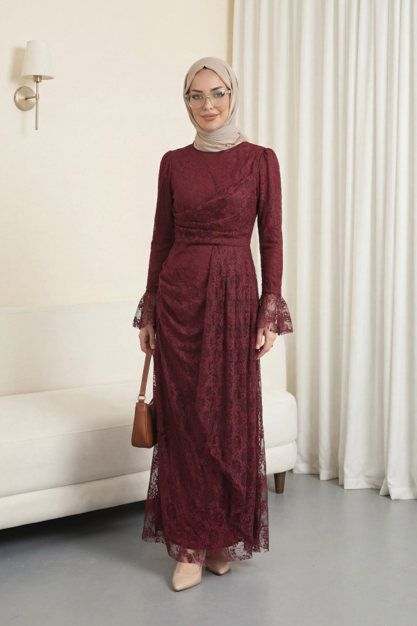 Lace Dress with Ruffled Cuffs, Draped Front, and Lining -Maroon
