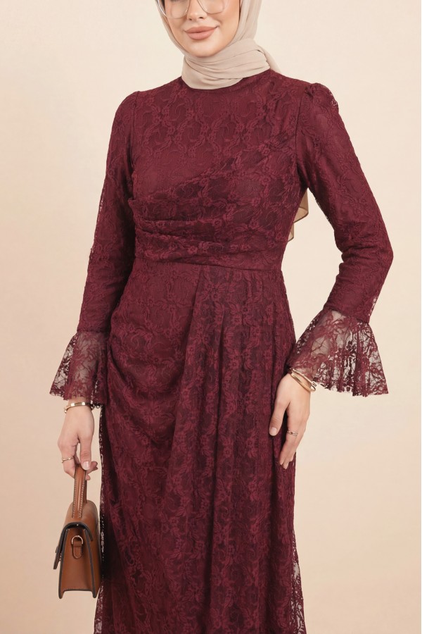 Lace Dress with Ruffled Cuffs, Draped Front, and Lining -Maroon