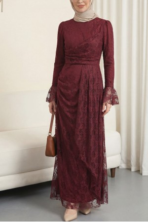 فستان دانتيل بأكمام مكشكشة، وجزء أمامي منسدل، وبطانة -بوردو