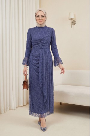 Kol Manşeti Volanlı Önü Drapeli Astarlı Dantel Elbise -İndigo