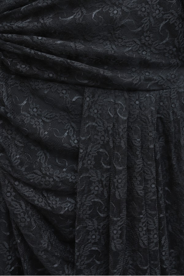 Lace Dress with Ruffled Cuffs, Draped Front, and Lining -Black