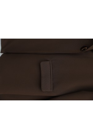 Tek Düğmeli Cep Detaylı Kruvaze Yaka Pantolonlu Krep Takım -Kahve