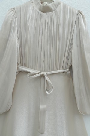 Eteği Volanlı Kemerli Janjan Şifon Elbise  -Bej