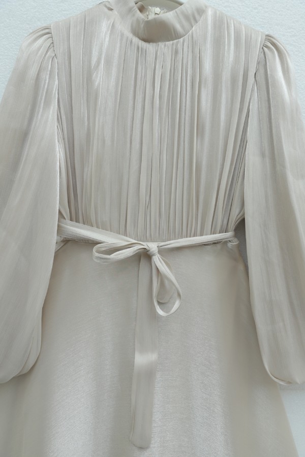 Shimmering Chiffon Dress with Ruffled Skirt and Belt  - Beige