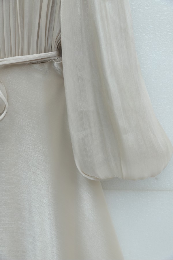 Shimmering Chiffon Dress with Ruffled Skirt and Belt  - Beige