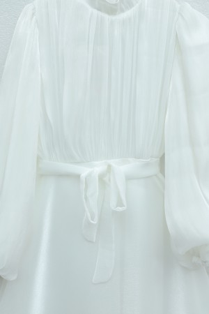 Shimmering Chiffon Dress with Ruffled Skirt and Belt  -White