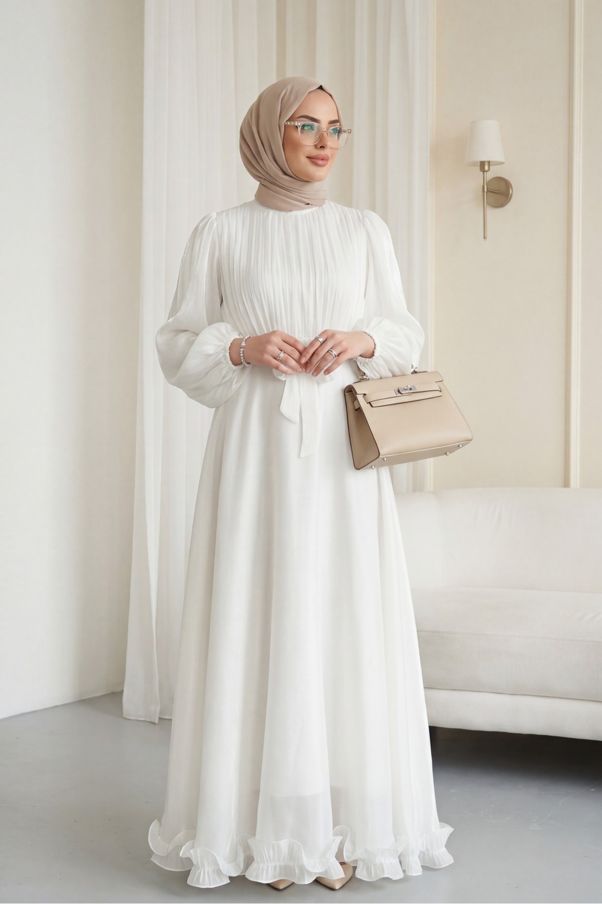 Shimmering Chiffon Dress with Ruffled Skirt and Belt  -White