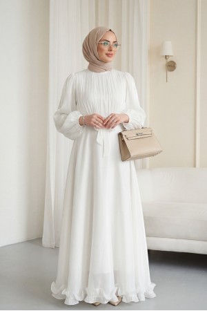 Eteği Volanlı Kemerli Janjan Şifon Elbise  -Beyaz