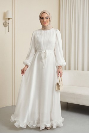 Shimmering Chiffon Dress with Ruffled Skirt and Belt  -White