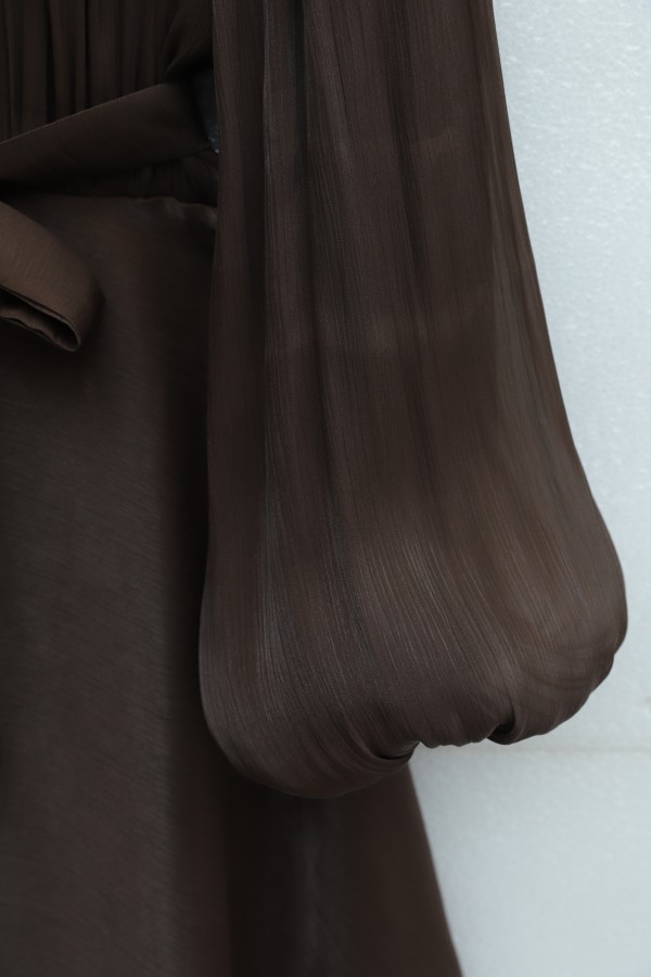Shimmering Chiffon Dress with Ruffled Skirt and Belt  -Brown