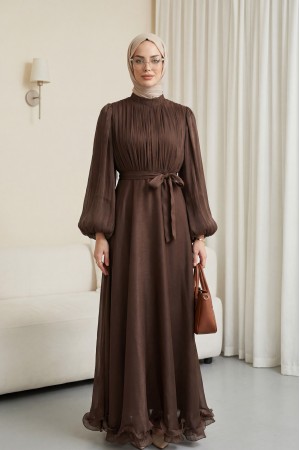 Eteği Volanlı Kemerli Janjan Şifon Elbise  -Kahve
