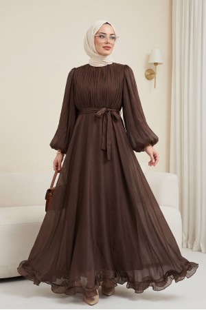 Eteği Volanlı Kemerli Janjan Şifon Elbise  -Kahve