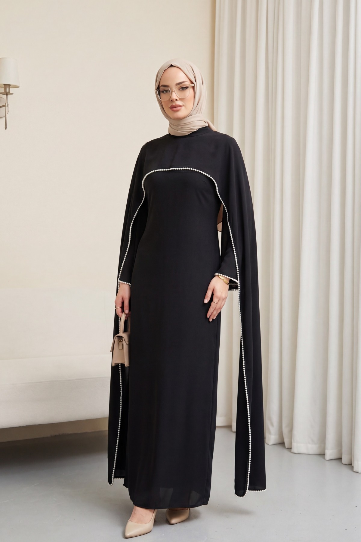 Crepe Abaya Dress with Pearl Details, Detachable Cape, Spanish Sleeves, and Lining -Black