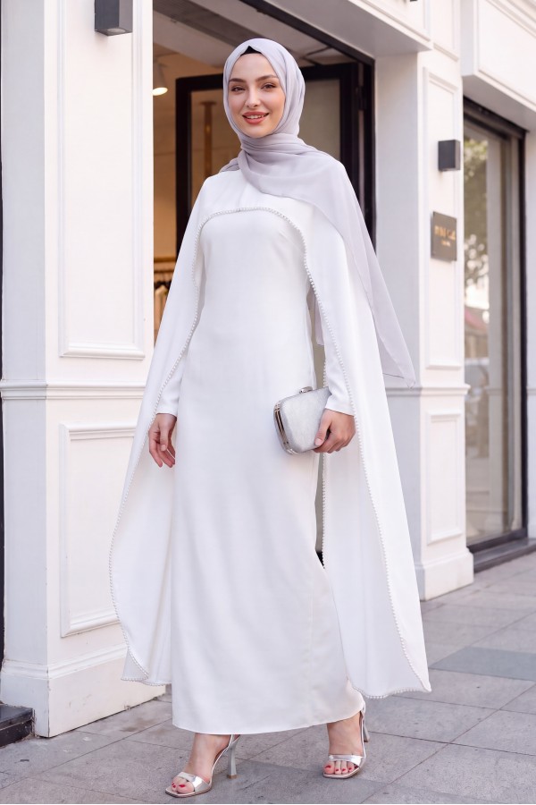 Crepe Abaya Dress with Pearl Details, Detachable Cape, Spanish Sleeves, and Lining  -White