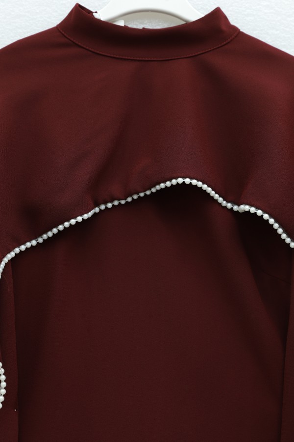 Crepe Abaya Dress with Pearl Details, Detachable Cape, Spanish Sleeves, and Lining  -Maroon