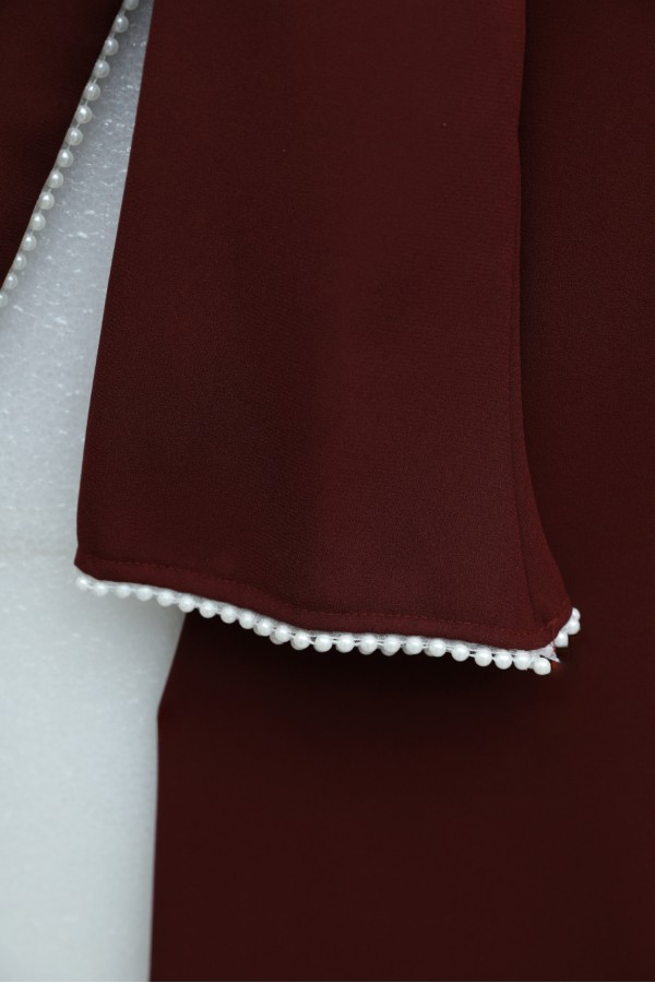 Crepe Abaya Dress with Pearl Details, Detachable Cape, Spanish Sleeves, and Lining  -Maroon